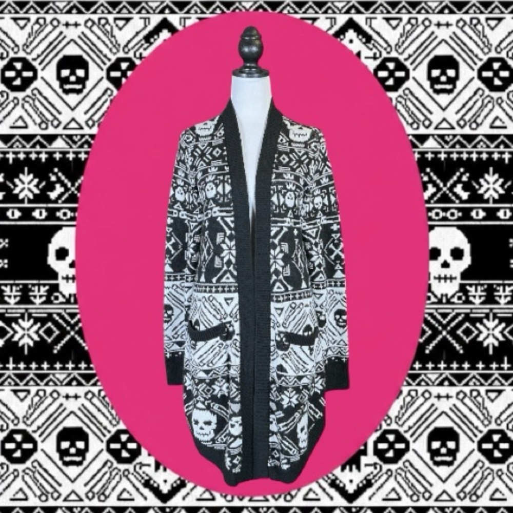 Hot Topic Social Collision Retro Goth Punk Skulls Fair Isle Longline Cardigan M
